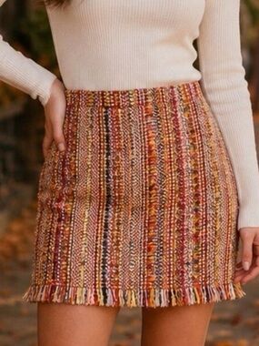 Chelsea & Theodore Multicolor Orange Tweed Fringe Mini Skirt 6